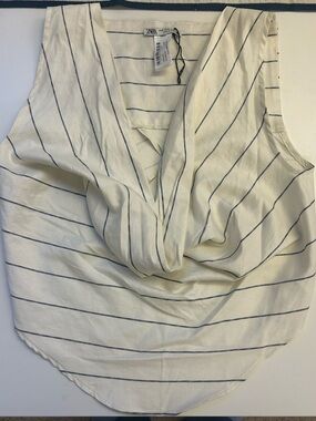 Zara Cream Tank with Navy Pinstripes and Draped Neckline